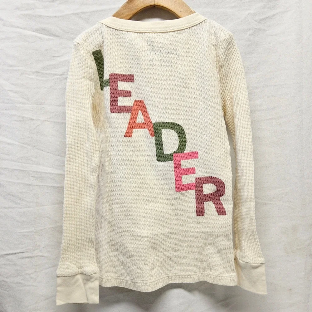 Peek Waffle Knit Thermal Kids Size M 6/7 Cream Graphic Inspirational Long Sleeve